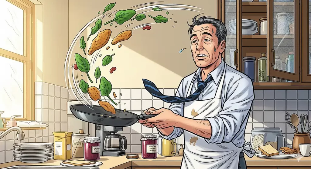 自宅キッチンで、忙しそうに料理をする中年サラリーマン