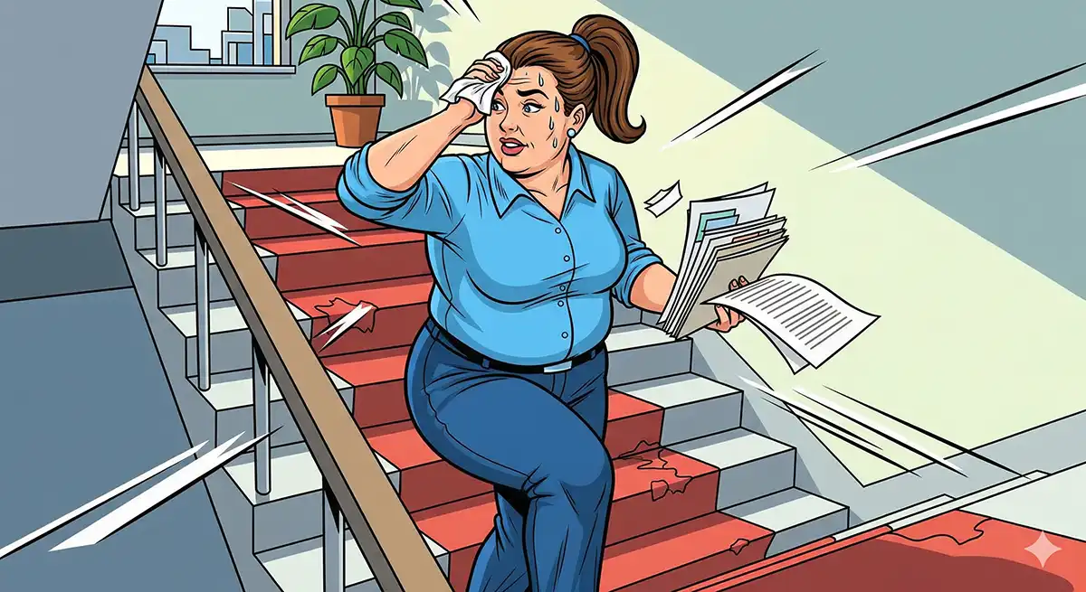 エレベーターを避け階段で汗をかきながらカロリーを消費させる習慣を実行している小太りの中年女性