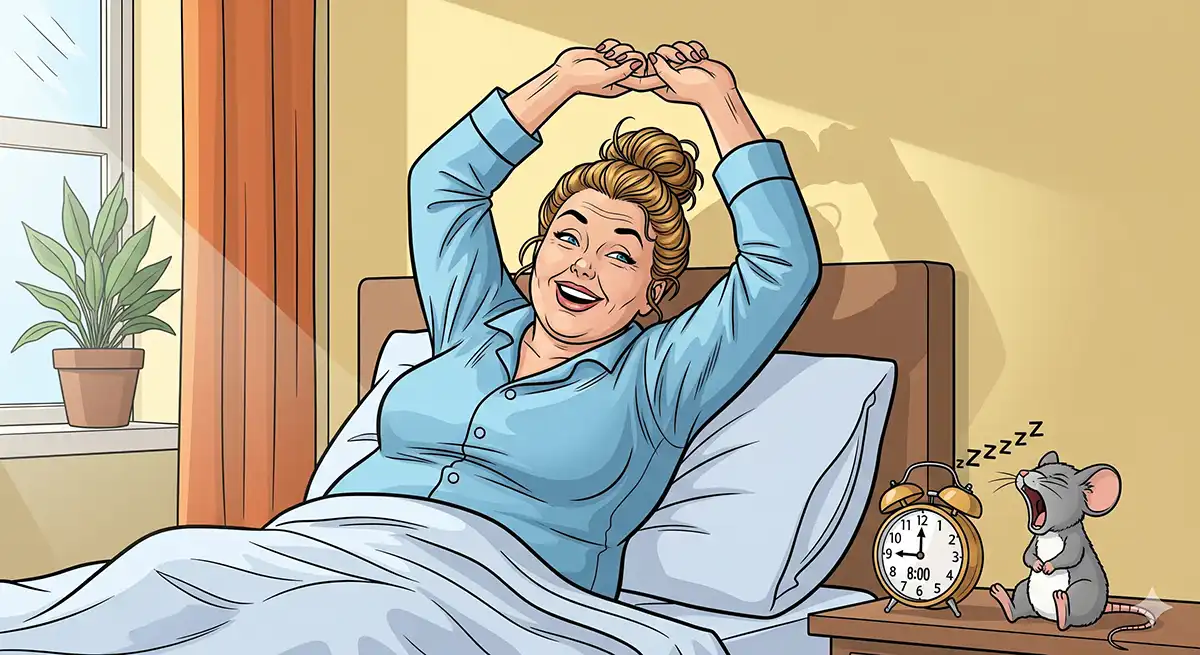 朝ベッドの上で目が覚めて、グッスリと眠れたので爽やかな顔をしている中年女性