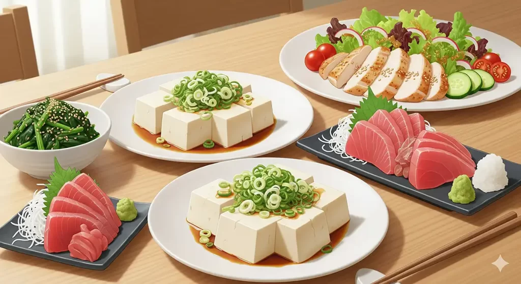 食卓に乗せられた冷や奴・マグロの刺身、鶏ササミサラダ、ほうれん草のお浸し