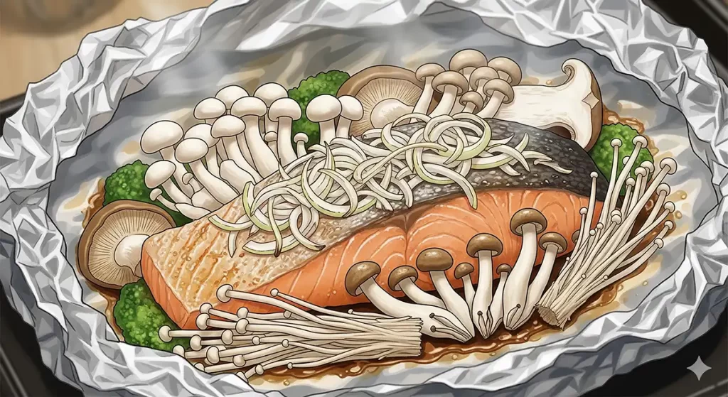 おいしそうな鮭ときのこのホイル焼き