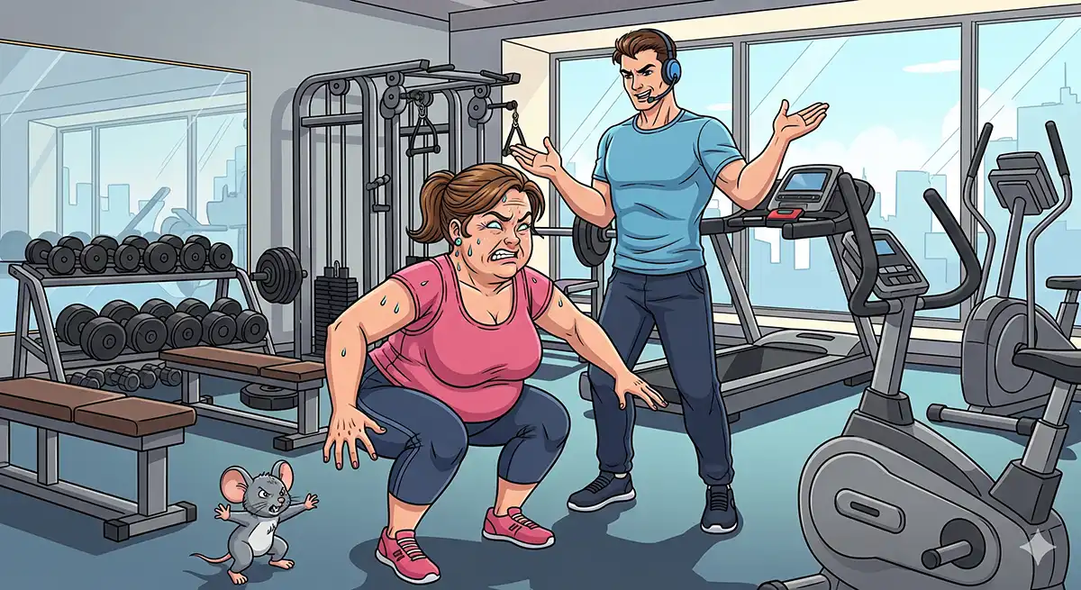 トレーナーに指導を受けながら器具による負荷をかけながらスクワット運動をやっている小太りの中年女性