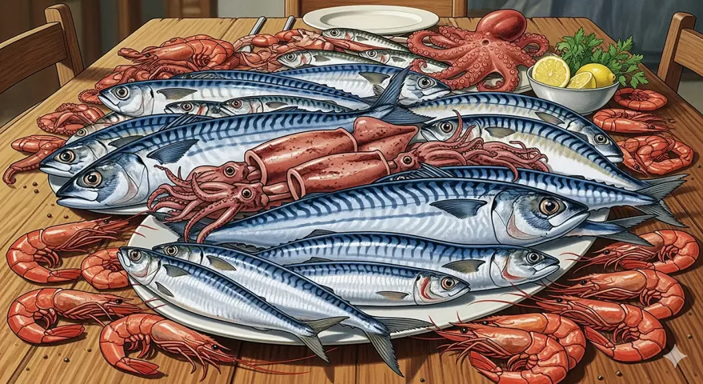 食卓に乗せられた青魚(サバ、イワシ、アジ)やイカ、タコ、エビ