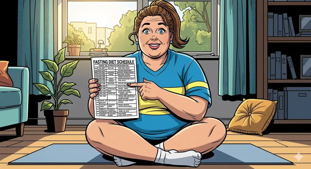 ファスティングダイエットのスケジュール表を見ながら指さしで確認している小太りの中年女性