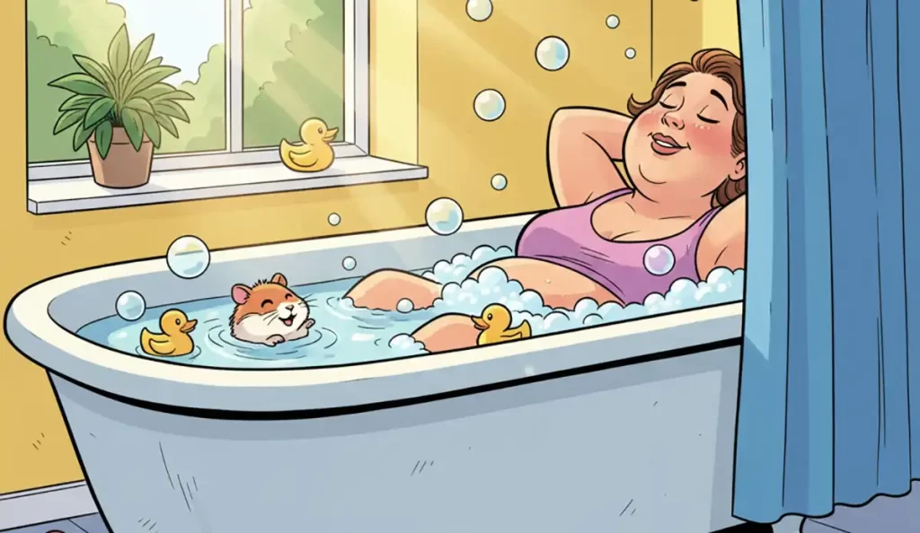 38〜40℃くらいのぬるめのお湯にゆっくり浸かってリラックスしている小太りの中年女性