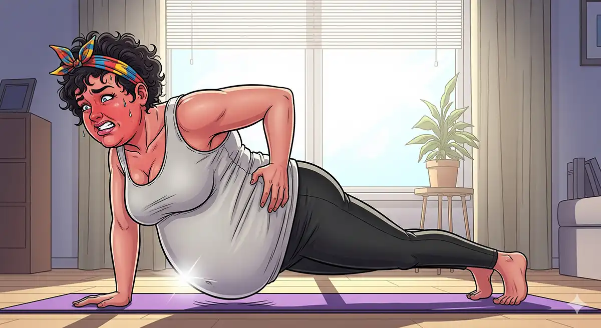 ぽっこりお腹を気にしながらプランクをしている小太りの女性