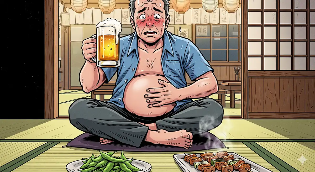 居酒屋の座敷席であぐらをかきながらジョッキビールを飲む中年男性