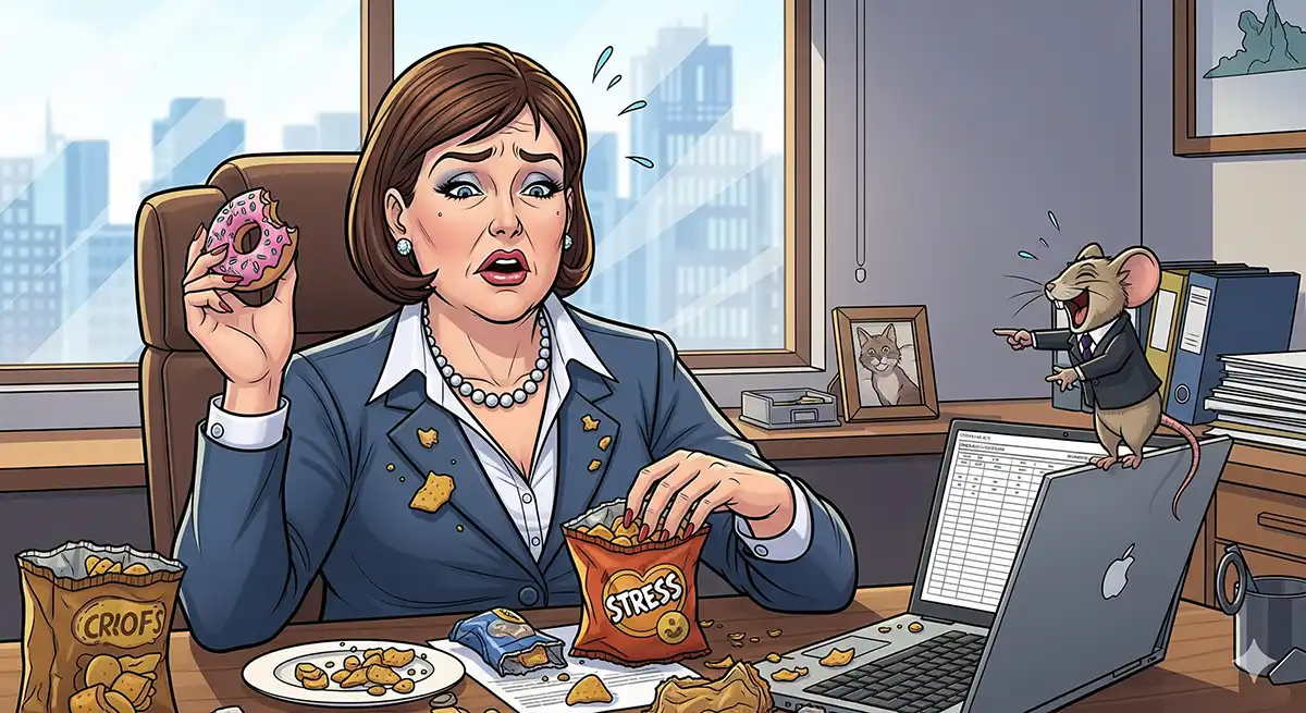 忙しすぎてストレス爆発、スナック菓子の爆食いで発散している小太りの中年女性