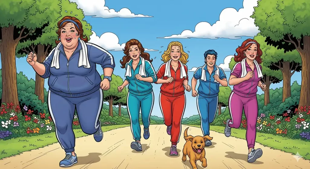 運動は苦手なんだけど、どことなく楽しげに仲間と公園の遊歩道をジョギングしている小太りの中年女性