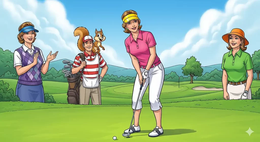 晴れた日に仲間達とゴルフを楽しむ中年女性