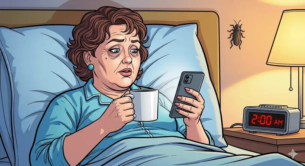 就寝前にベッドの上でコーヒーを飲みながらスマホを見ている女性