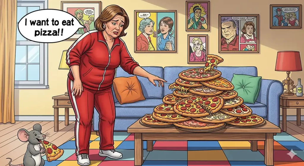 断食中の空腹に耐えかねて、目の前のピザの山につい手を伸ばしそうになっている小太りの中年女性