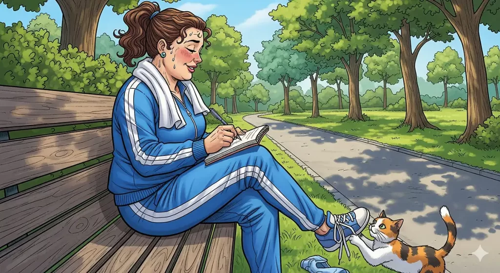 公園の遊歩道で、ウォーキングの後に忘れないうちに今日の運動記録をメモする小太りの女性