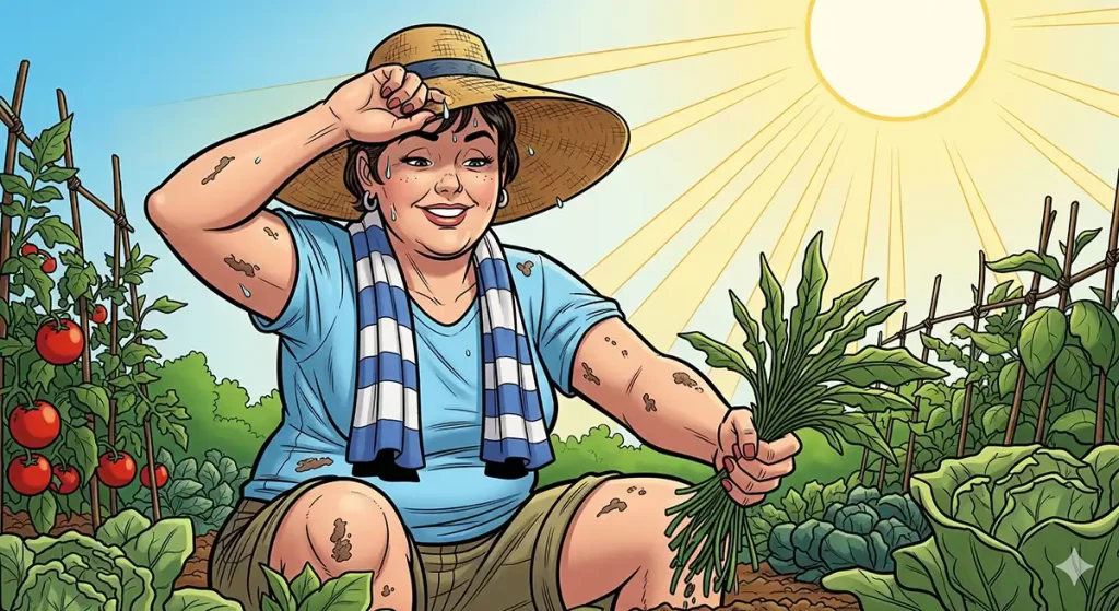 家庭菜園で、麦わら帽子をかぶり暑い中かがみ込んで雑草取りをしている中年女性