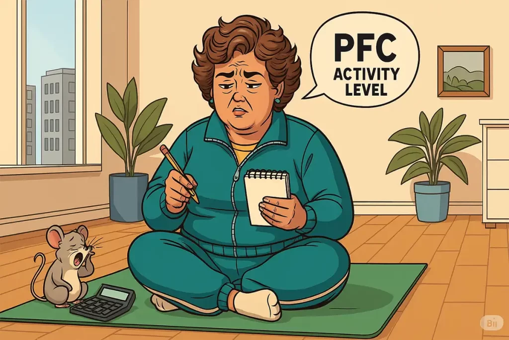 ヨガマットの上で、活動レベルを考慮しながらPFCバランスを計算している小太りの中年女性