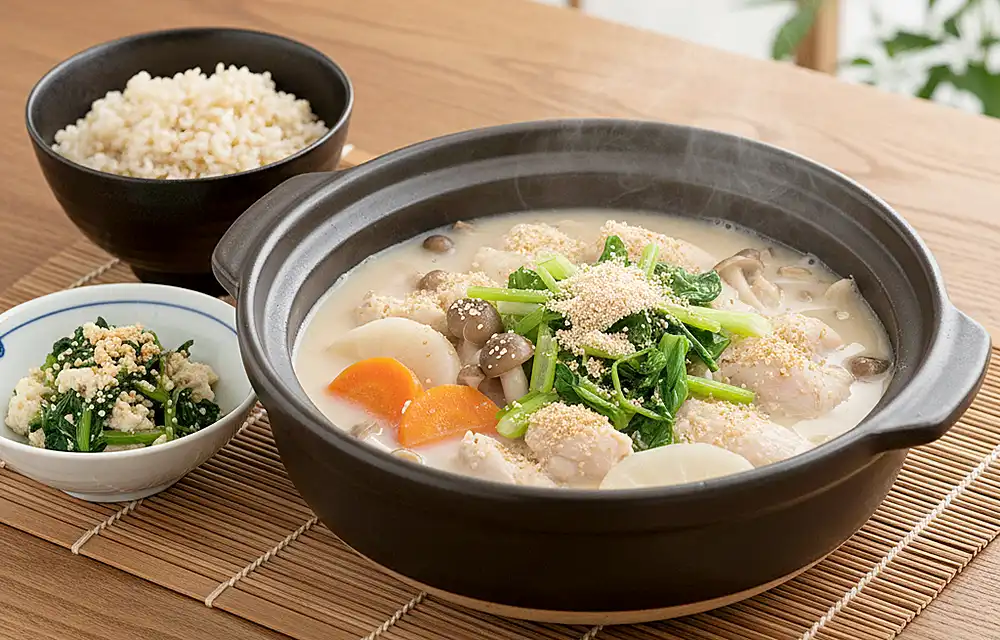 鶏むね肉と野菜の豆乳ごま味噌スープ