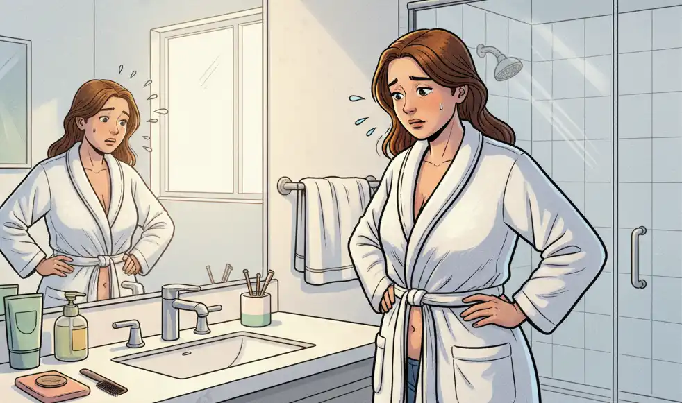 鏡の前で出産後に崩れた体形をガッカリしながら眺めている若奥様