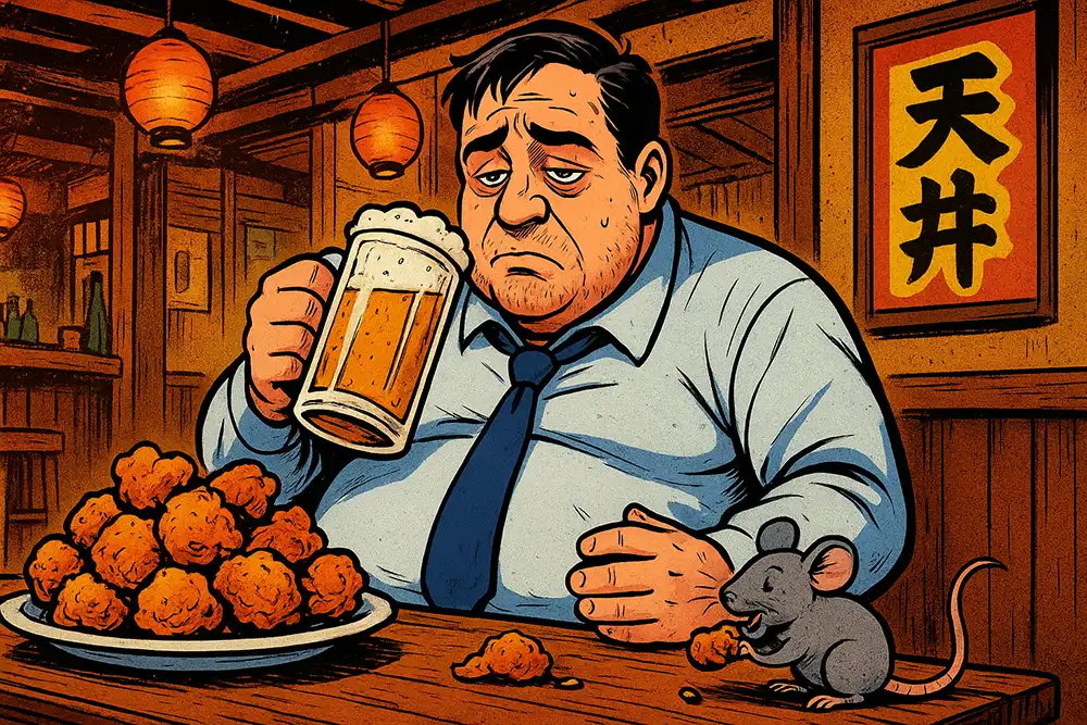 大きなジョッキの生ビールをすすりながら、突き出たビール腹を悲しげにさすっている中年男性