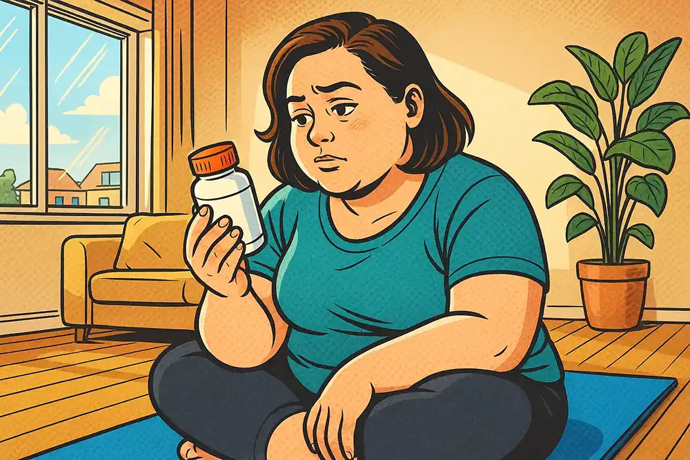 ダイエットに頑張っているダイエッターがサプリのボトルを手に取り見つめている様