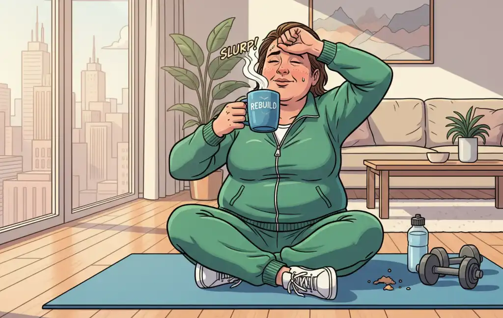 筋トレ終了後にカップに注がれたプロテインスープを右手で飲んでいる