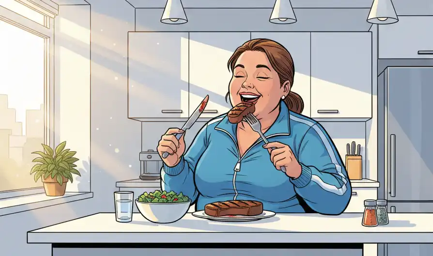 良質なタンパク質である肉をナイフとフォークで美味しそうに食べている中年女性