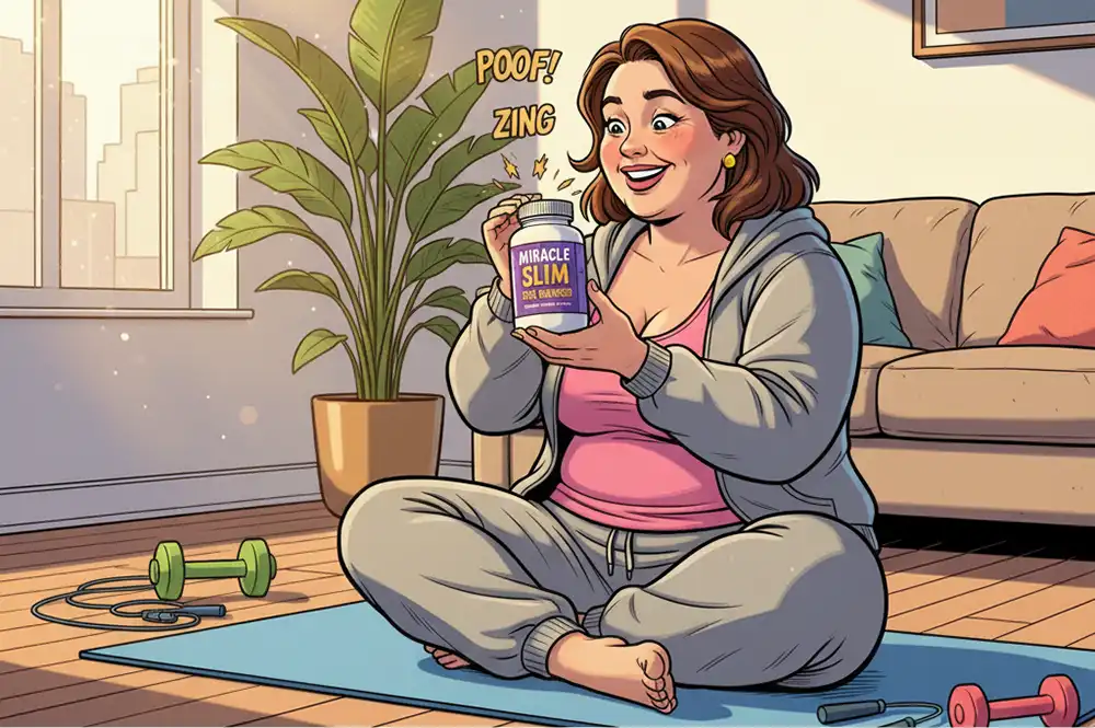 ダイエットサプリメントのボトルを眺めつつ、その効果に期待してニヤけている小太りの中年女性