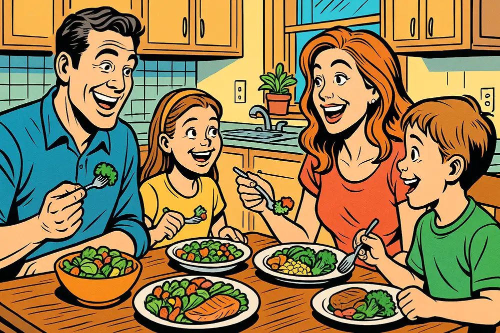 家族で食卓を囲み、会話をしながら楽しそうに食事をしている場面