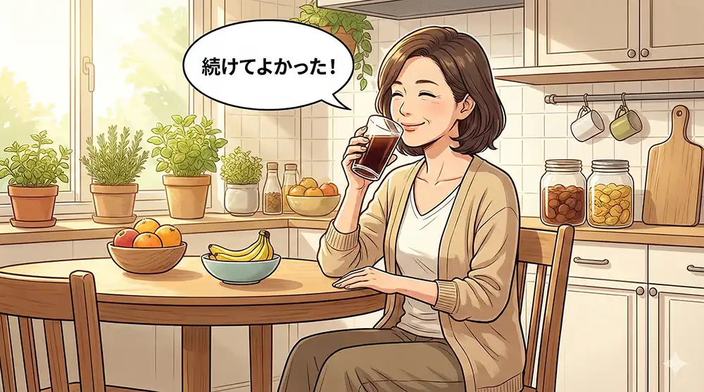 40代〜50代の日本人女性が、キッチンやダイニングのテーブルで酵素ドリンクを飲みながら、穏やかで満足そうな表情を浮かべている