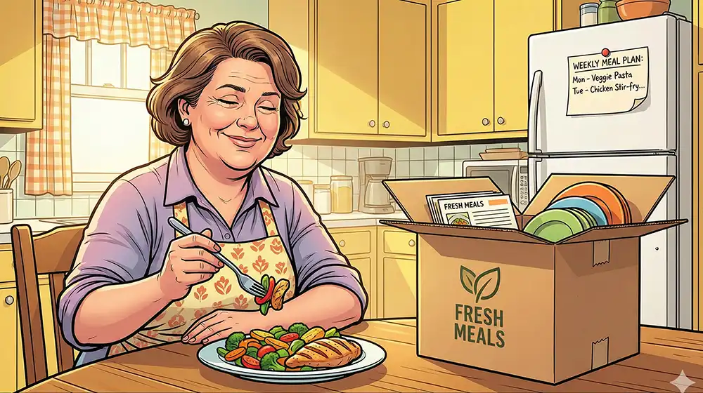 食材宅配サービスのミールキットで作った料理をテーブルでおいしそうに食べているダイエットを意識している小太りの中年女性