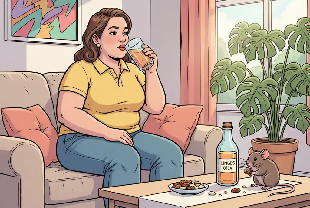 ソファに座りながらグラスに注がれたリンゴ酢ドリンクを飲むちょっと太めの30代女性