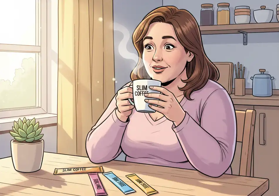 湯気の立つ「SLIM COFFEE」のカップ。ゆるくダイエット中の、ちょっと太めの女性