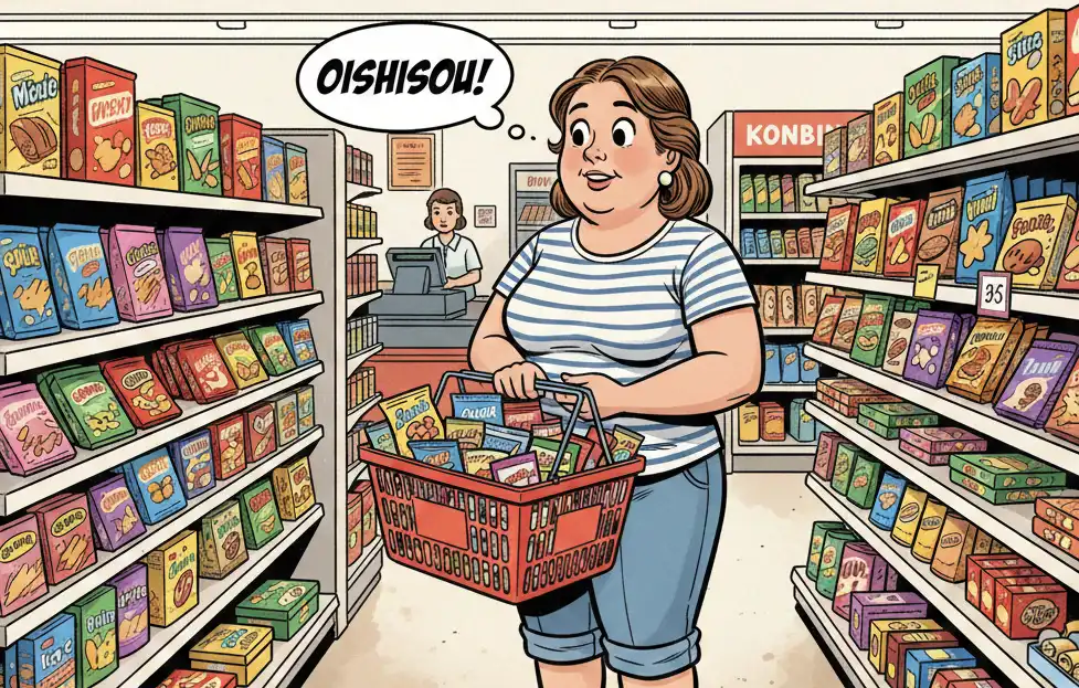 コンビニでダイエット中でも安心して利用できるおやつはないかと、店内を物色しているちょっと太めの中年女性