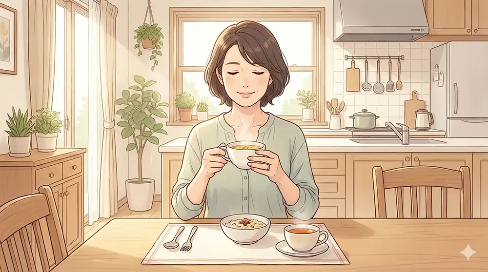 40代〜50代の日本人女性が朝のキッチンテーブルに座り、無理のない軽めの朝食(温かい飲み物やスープなど)を前に、ほっとした表情をしている