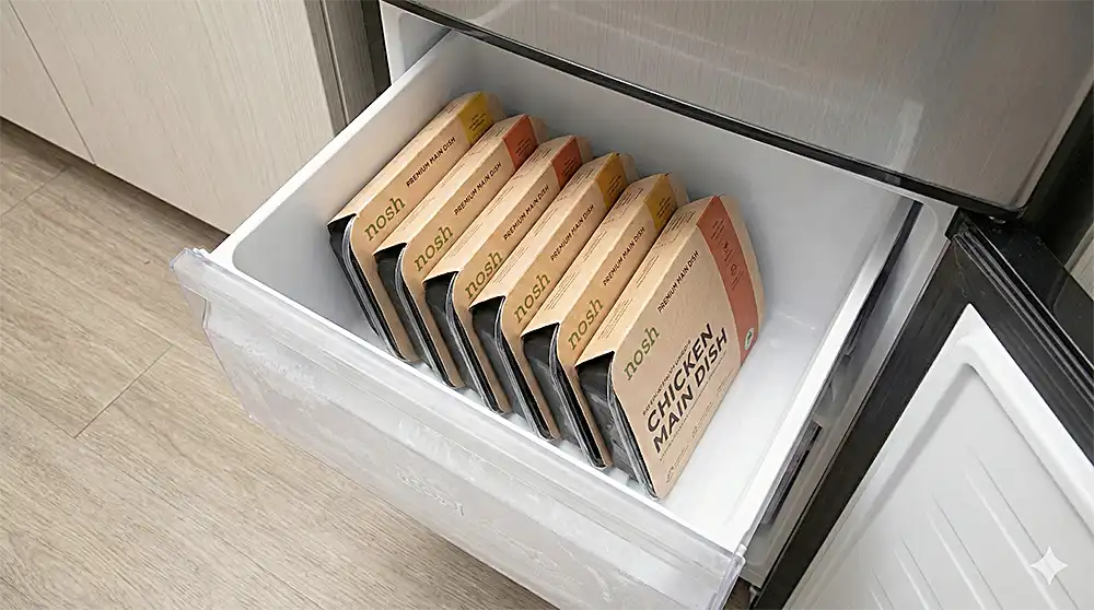 一人暮らし用の冷蔵庫の冷凍室に、noshが5〜6枚きれいに縦に並んでいる様子