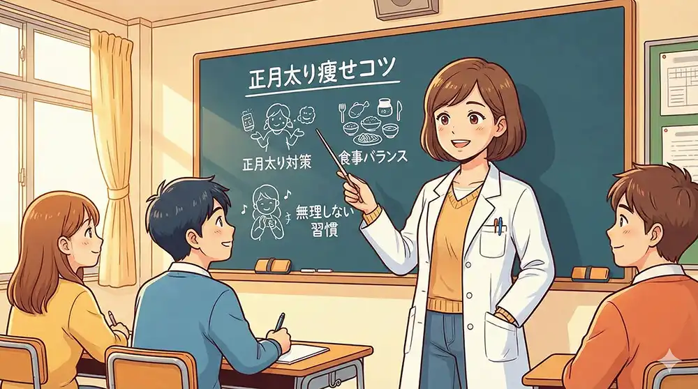 女性の管理栄養士が黒板を指しながら「正月太りを解消するコツ」を解説