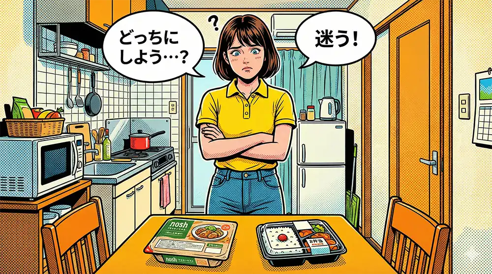 キッチンテーブルの上に並んでおかれているナッシュとコンビニ弁用を腕を組みながら「どちらにしようか」迷いに迷っている女子大生