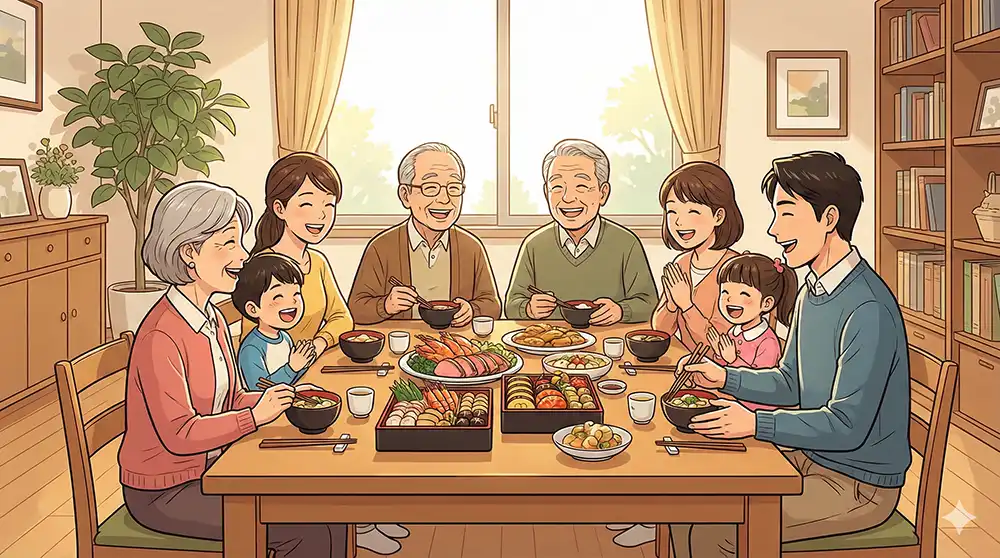 お正月のリビングで、3世代家族8人が広いリビングテーブルを囲み、楽しそうにおしゃべりしながら食事をしている場面