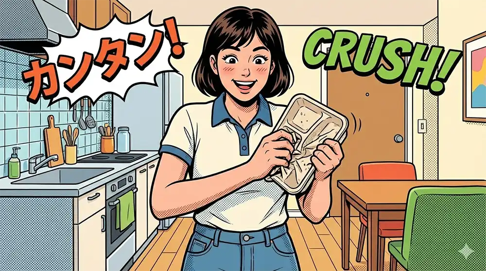 食べ終わったnoshの容器を手で小さく潰している様子