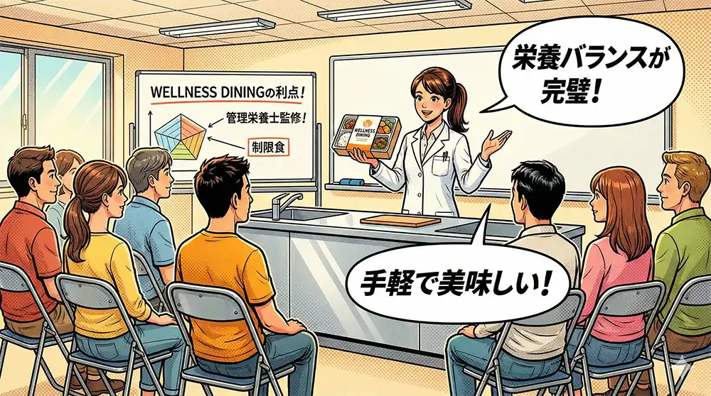 管理栄養士がウエルネスダイニングの宅配制限食の利点を解説している場面