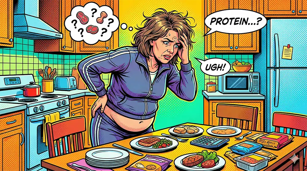 キッチンテーブルの夕食の料理を眺めながら電卓でタンパク量計算をしている中年女性