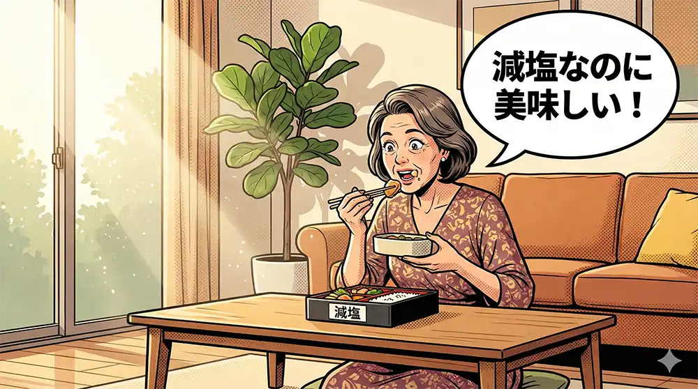 ワンピース姿の中年女性がリビングテーブルに置かれた減塩弁当を食べて意外な美味しさに驚いている