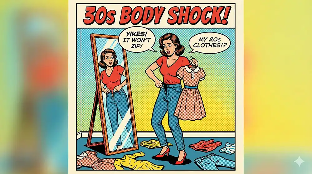 鏡の前でウエストを気にしたり、昔の服をあてる女