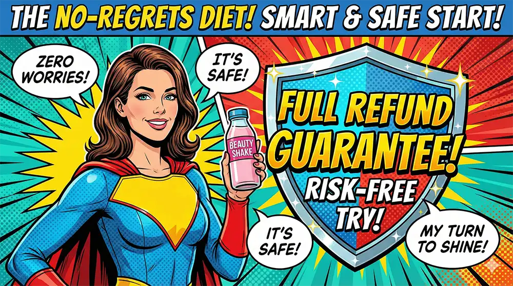 商品と「全額返金保証」のマーク、あるいは安心した表情の女性