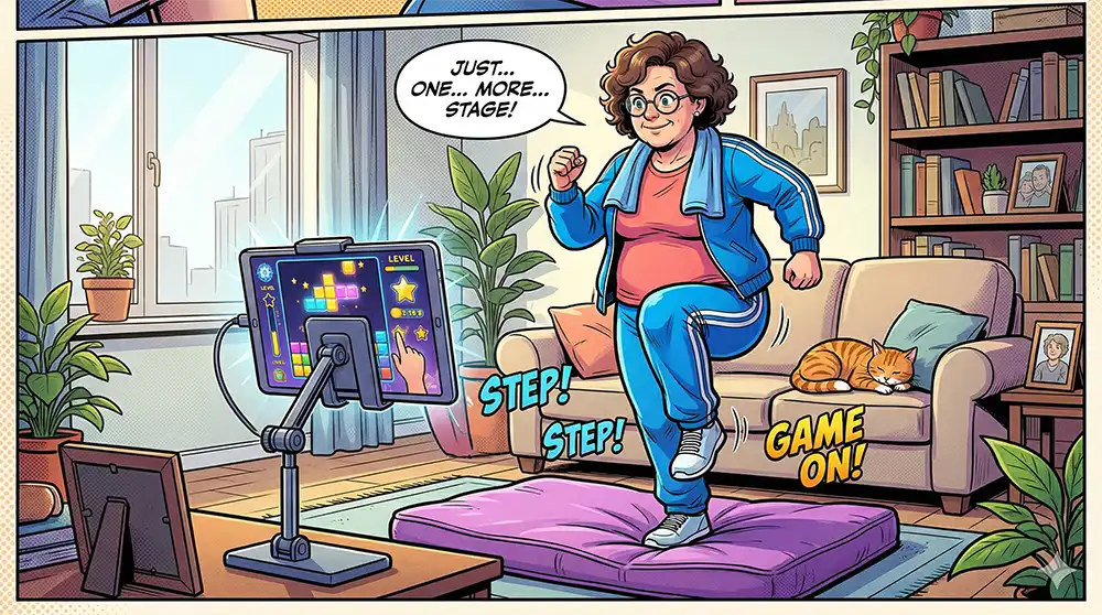 タブレットでゲームをしながら足踏みダイエットに勤しむ小太りの女性