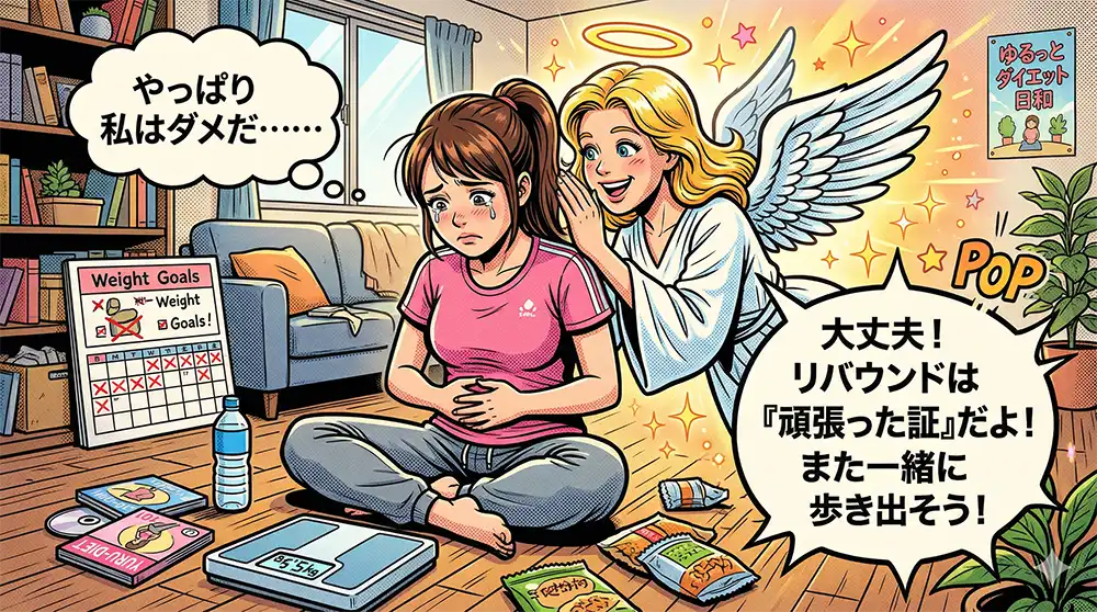 リバウンドに悩んでいる女性に天使がささやいていると言ったイメージ
