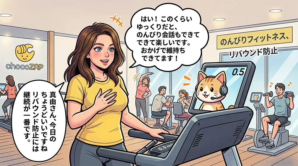 chocoZAPでのんびりとAIトレーナーと会話しながらリバウンド防止のためにトレーニングを楽しそうに行っている真由の姿