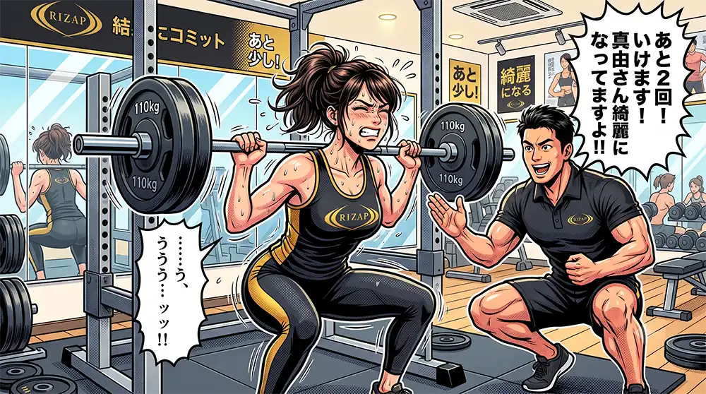 限界を迎えてプルプル震える筋肉に、トレーナーの熱い声が響くRIZAPでの真由