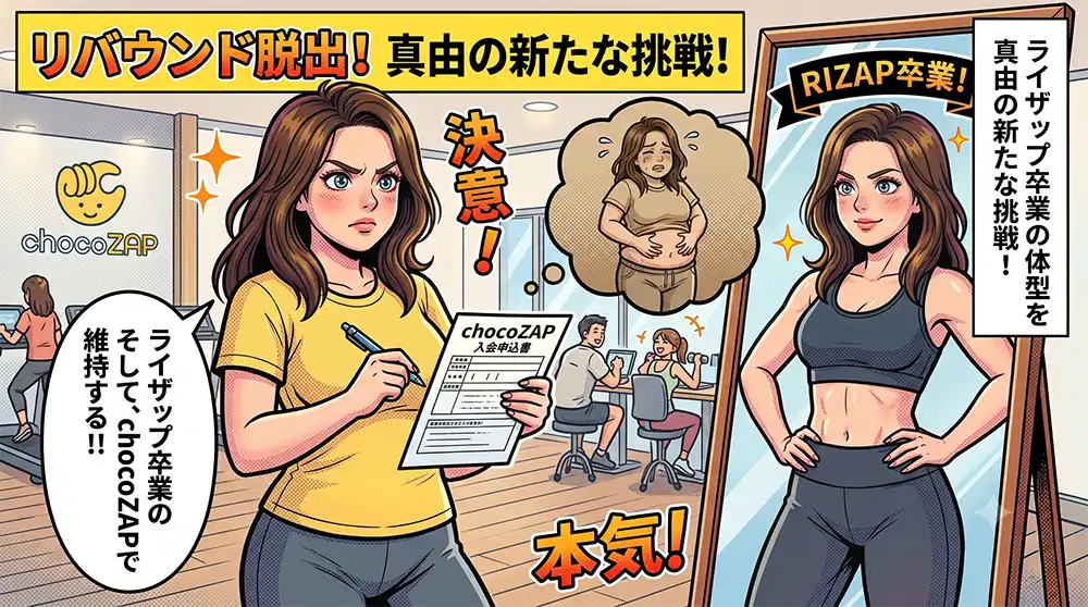 リバウンドの現実から抜け出すため、ライザップ卒業時の体型を取り戻し維持するための方法としてchocoZAPを選んだ真由の決意に満ちた様子
