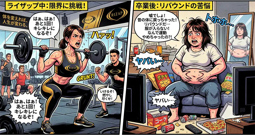 ライザップで必死にダイエットトレーニングしている引き締まった体型の女性と卒業後にたるんでしまった体型に戻ってしまっい困り顔の女性の対比