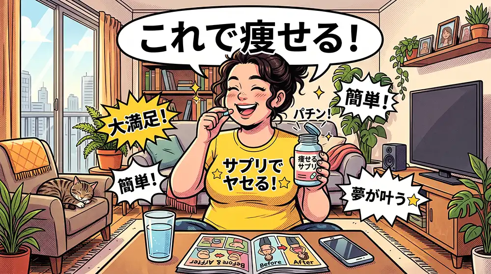痩せるサプリを飲みながら「これで痩せる!」と満足顔の若いぽっちゃり体型の女性